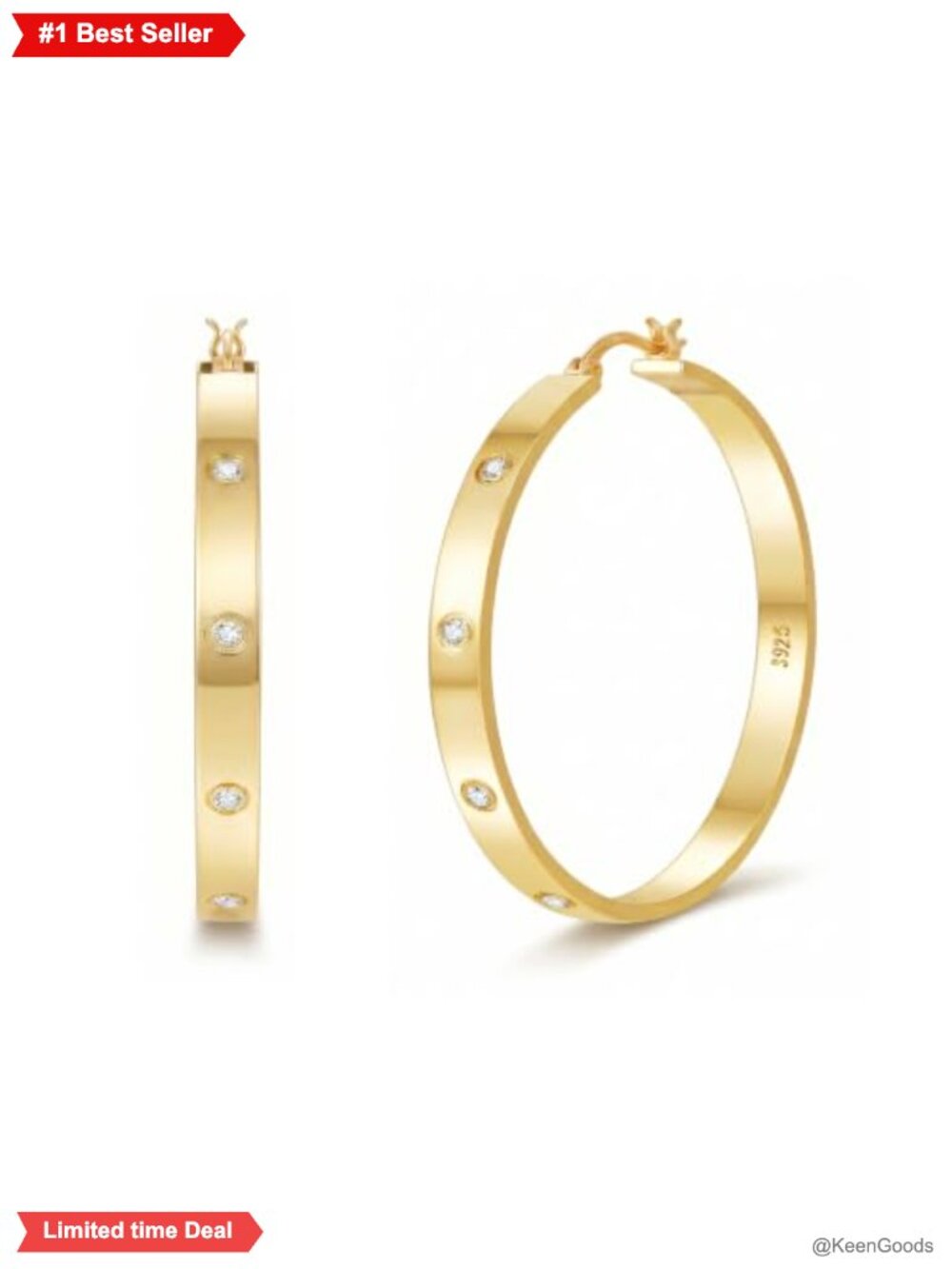 14K Gold Plated Hoop Earrings 925 Sterling Silver Post CZ 40MM Women's